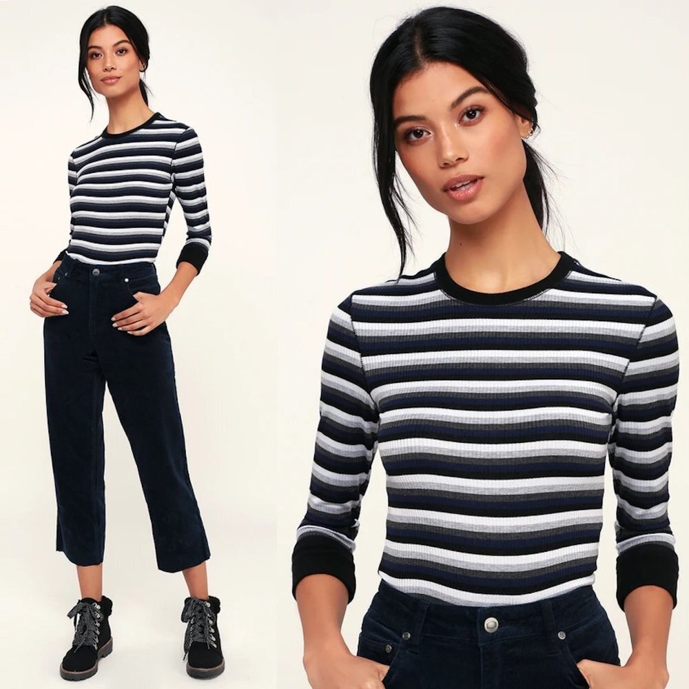 New Free People Good on You Grey Multi Striped Three-Quarter Sleeve Tee Size M